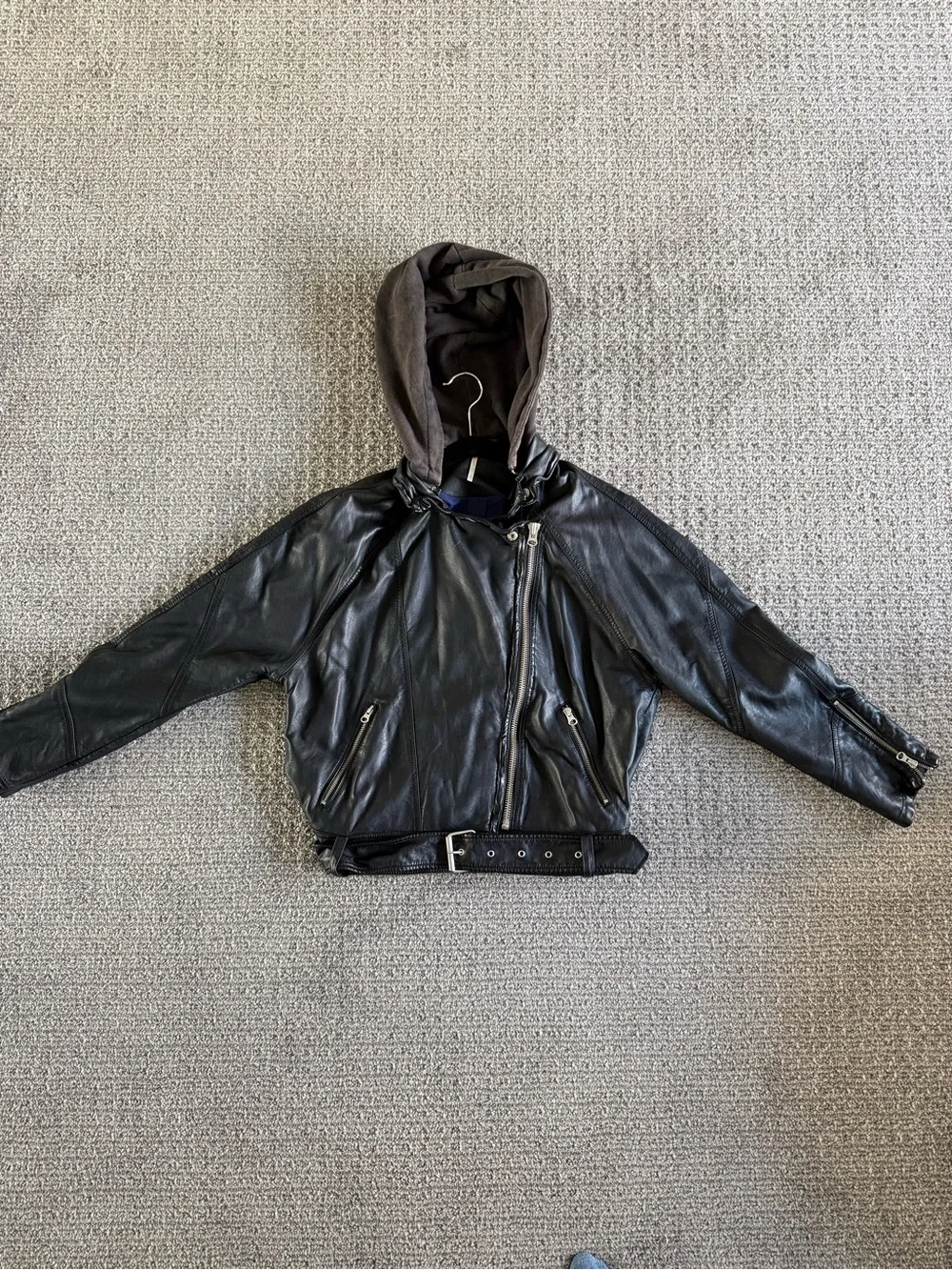 Free People Black Vegan Leather Hooded Jacket